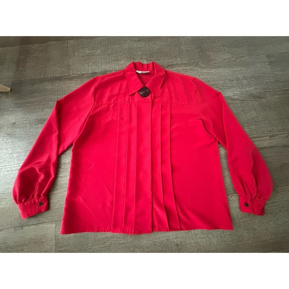 Anne Klein Women 14 Red Blouse Pleated Front Long Sleeve Holiday Office Tunic